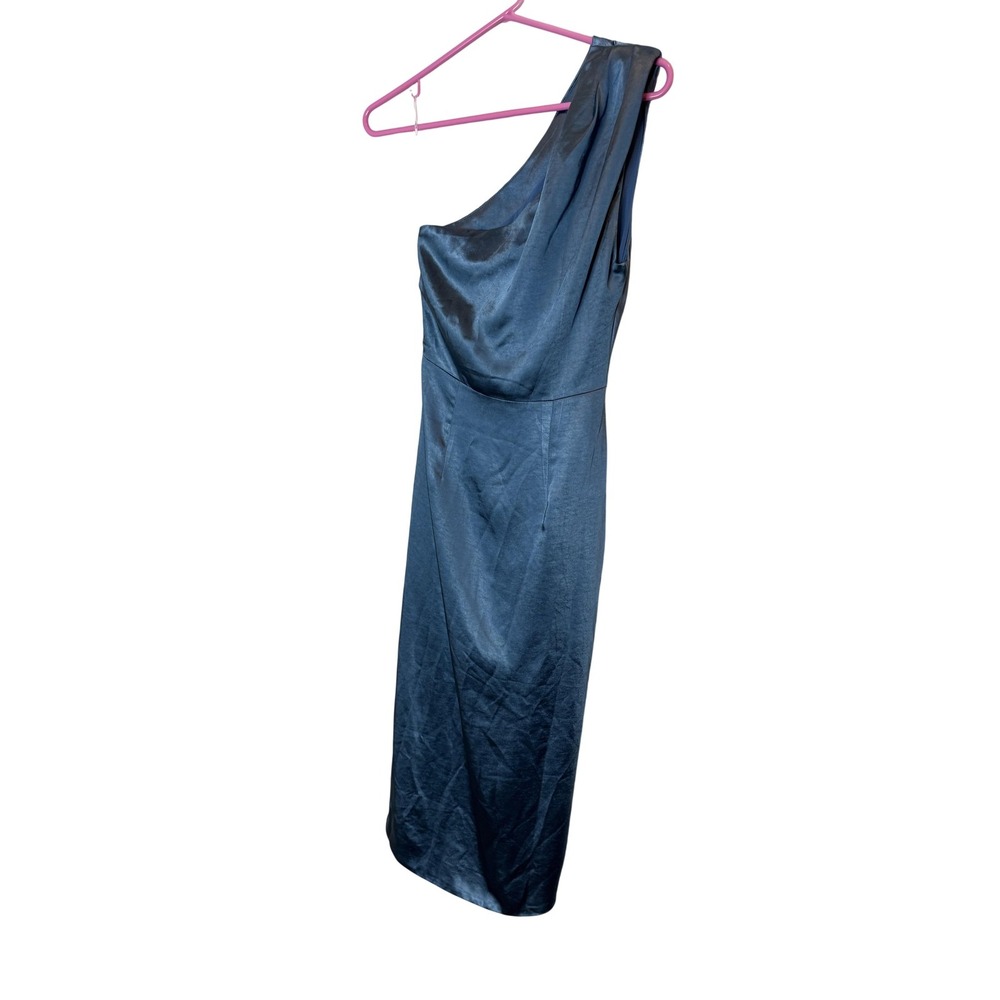 Elliatt Cassini Dress Womens XS Blue Satin One Shoulder Ruched Sheath Midi